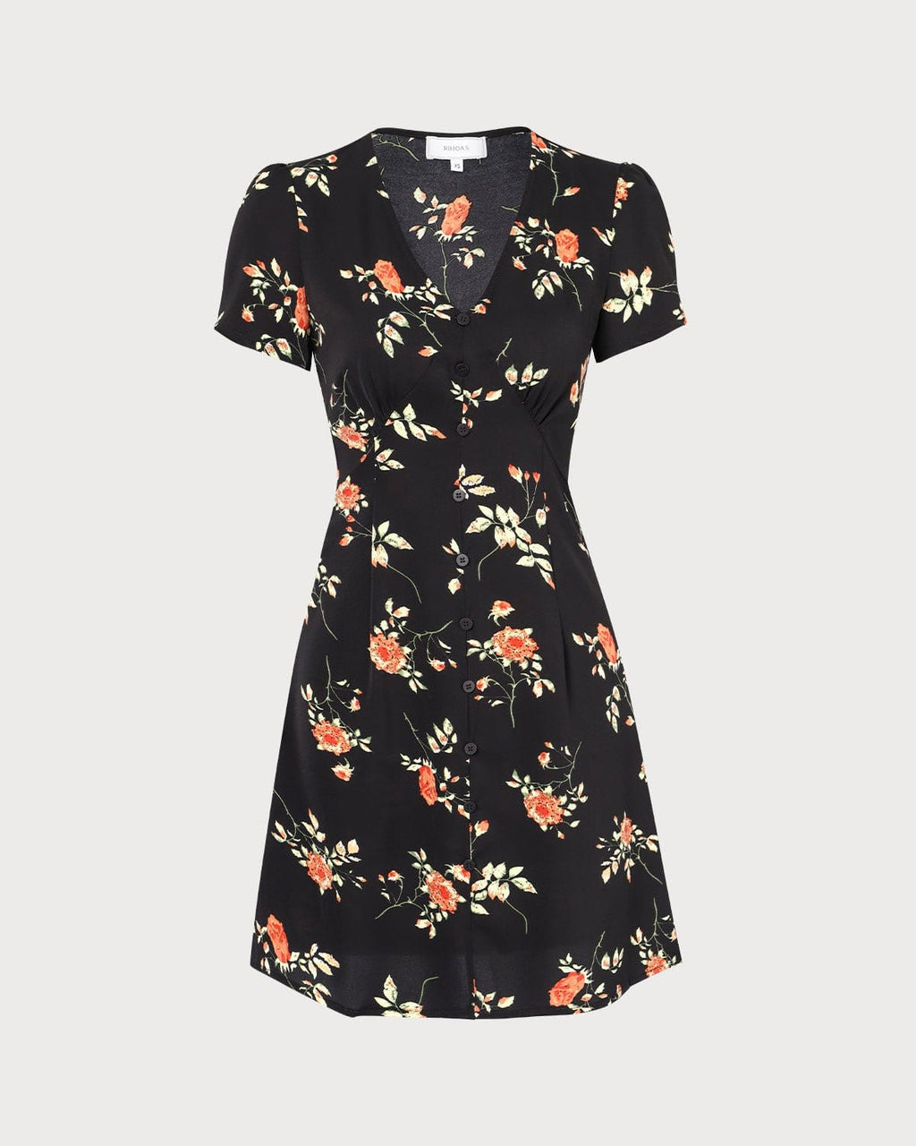 Eva | Vestido Corto Negro Floral con Escote en V y Botones