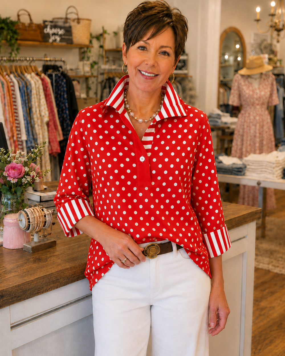 Pepa | Blusa de Lunares con Cuello y Puños de Rayas