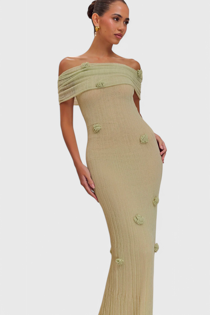 Noelia | Vestido Largo de Punto con Hombros Descubiertos Verde