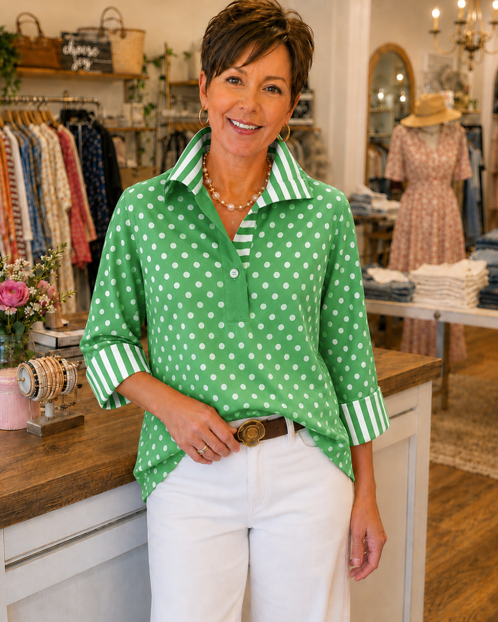 Pepa | Blusa de Lunares con Cuello y Puños de Rayas