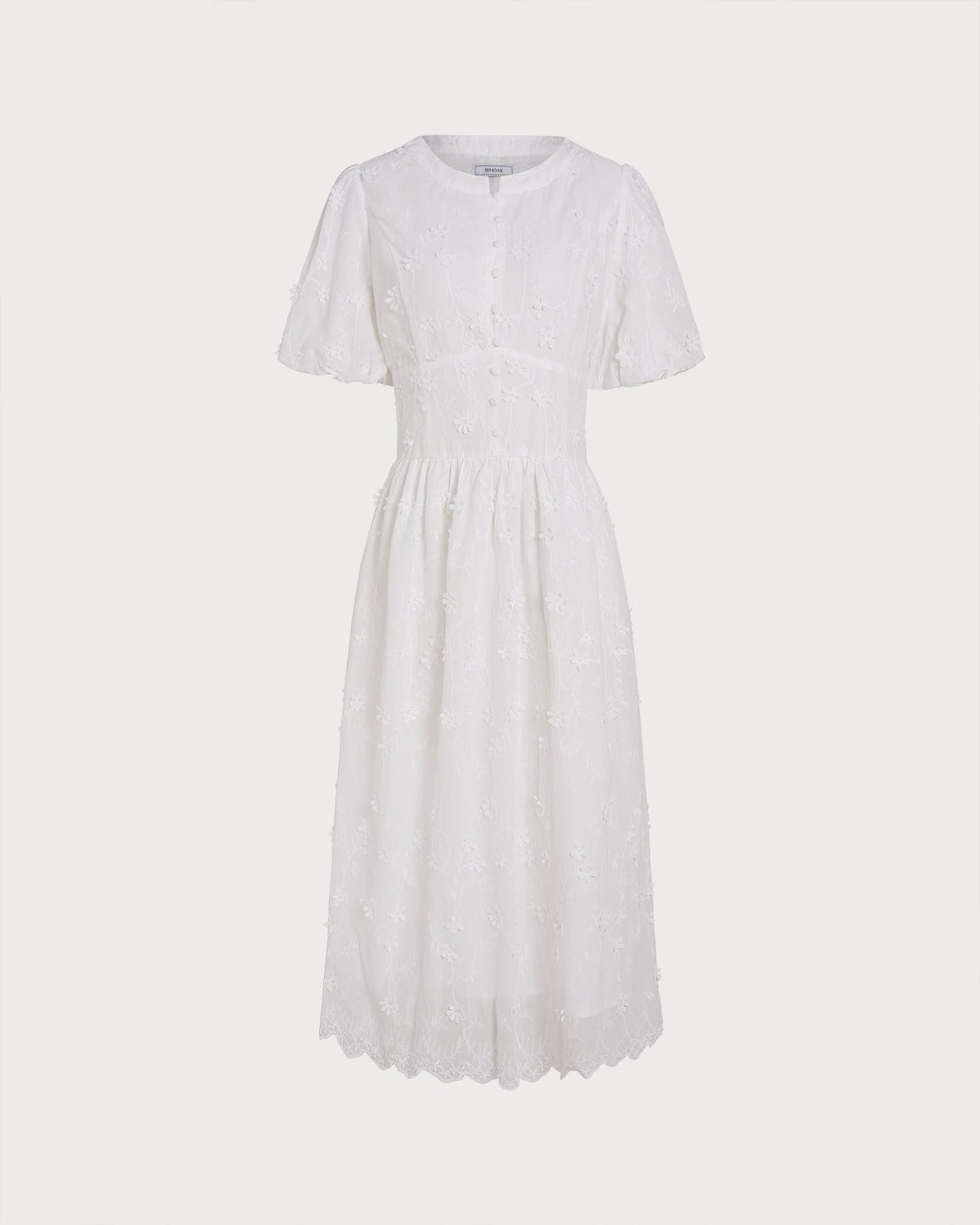 Blanca | Vestido Midi de Algodón Blanco Mujer Cuello Redondo Bordado
