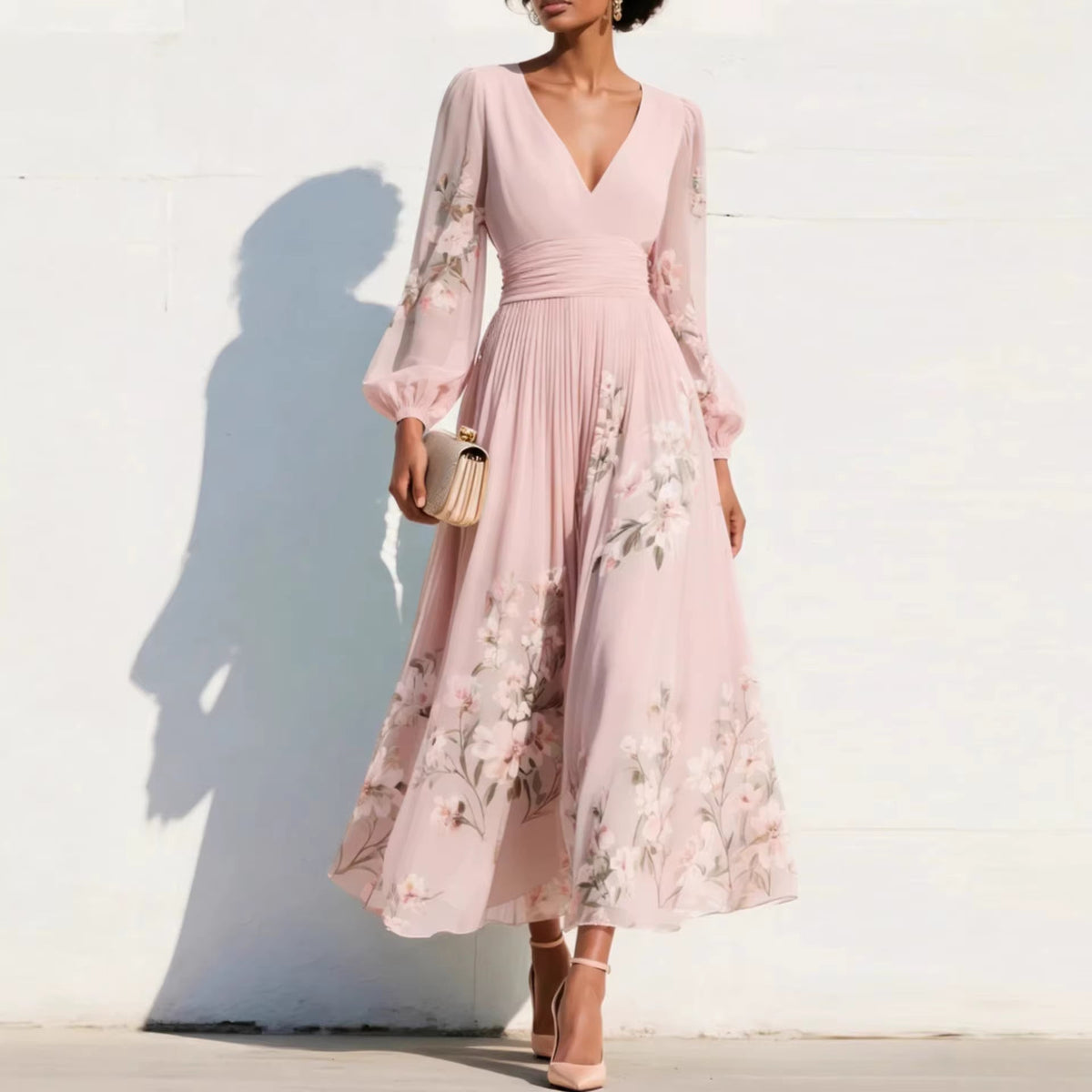 Manuela | Vestido Midi Plisado con Escote en V Verde