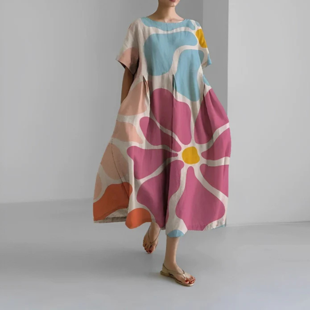Lara | Vestido Midi Boho Estampado Floral Mujer Manga Corta Corte Amplio