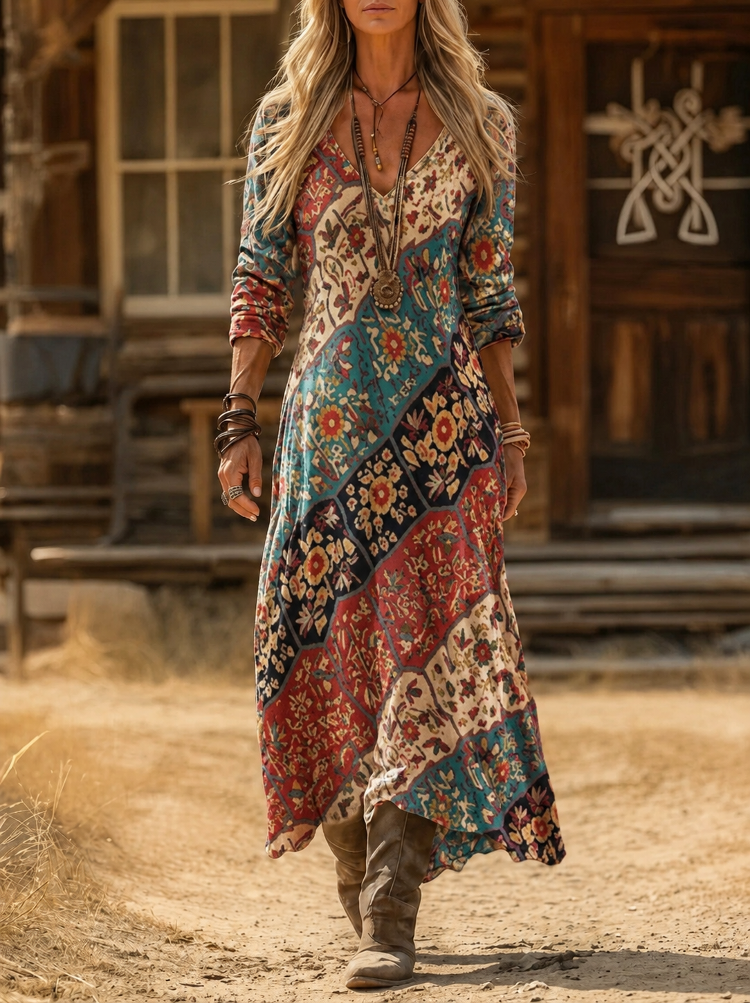 Lidia | Vestido Midi Estampado Patchwork Mujer Escote V Manga Larga Bajo Asimétrico
