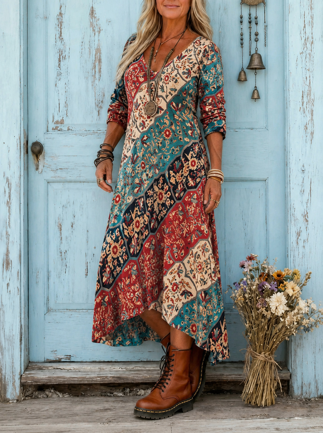 Lidia | Vestido Midi Estampado Patchwork Mujer Escote V Manga Larga Bajo Asimétrico