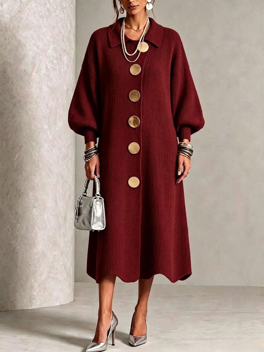 Victoria | Vestido de Punto Canalé con Botones Dorados