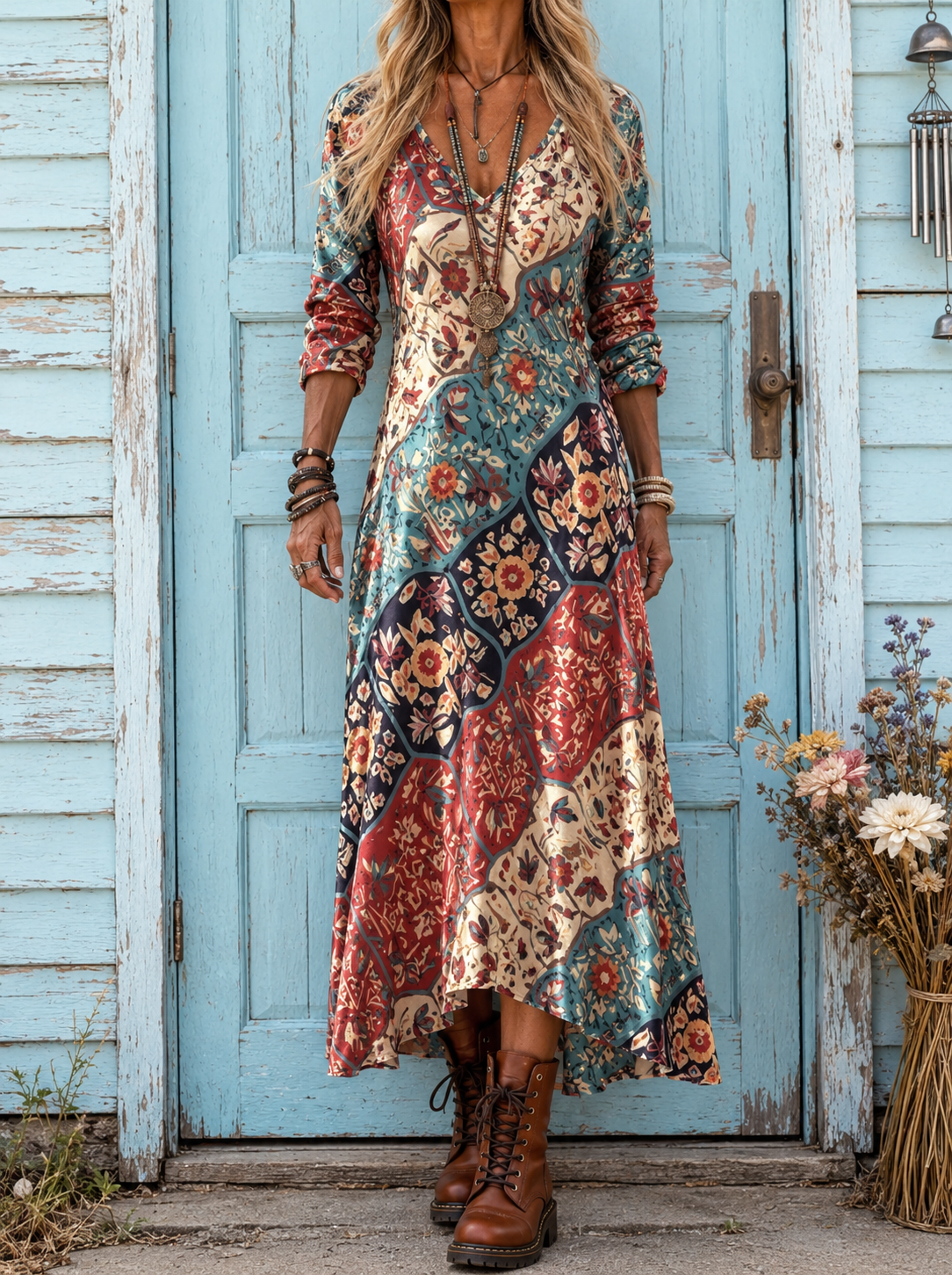 Lidia | Vestido Midi Estampado Patchwork Mujer Escote V Manga Larga Bajo Asimétrico