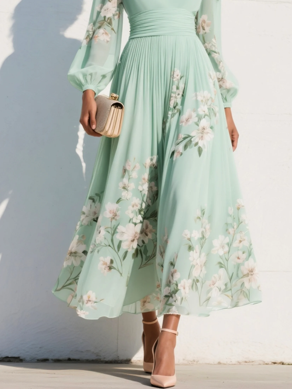 Manuela | Vestido Midi Plisado con Escote en V Verde