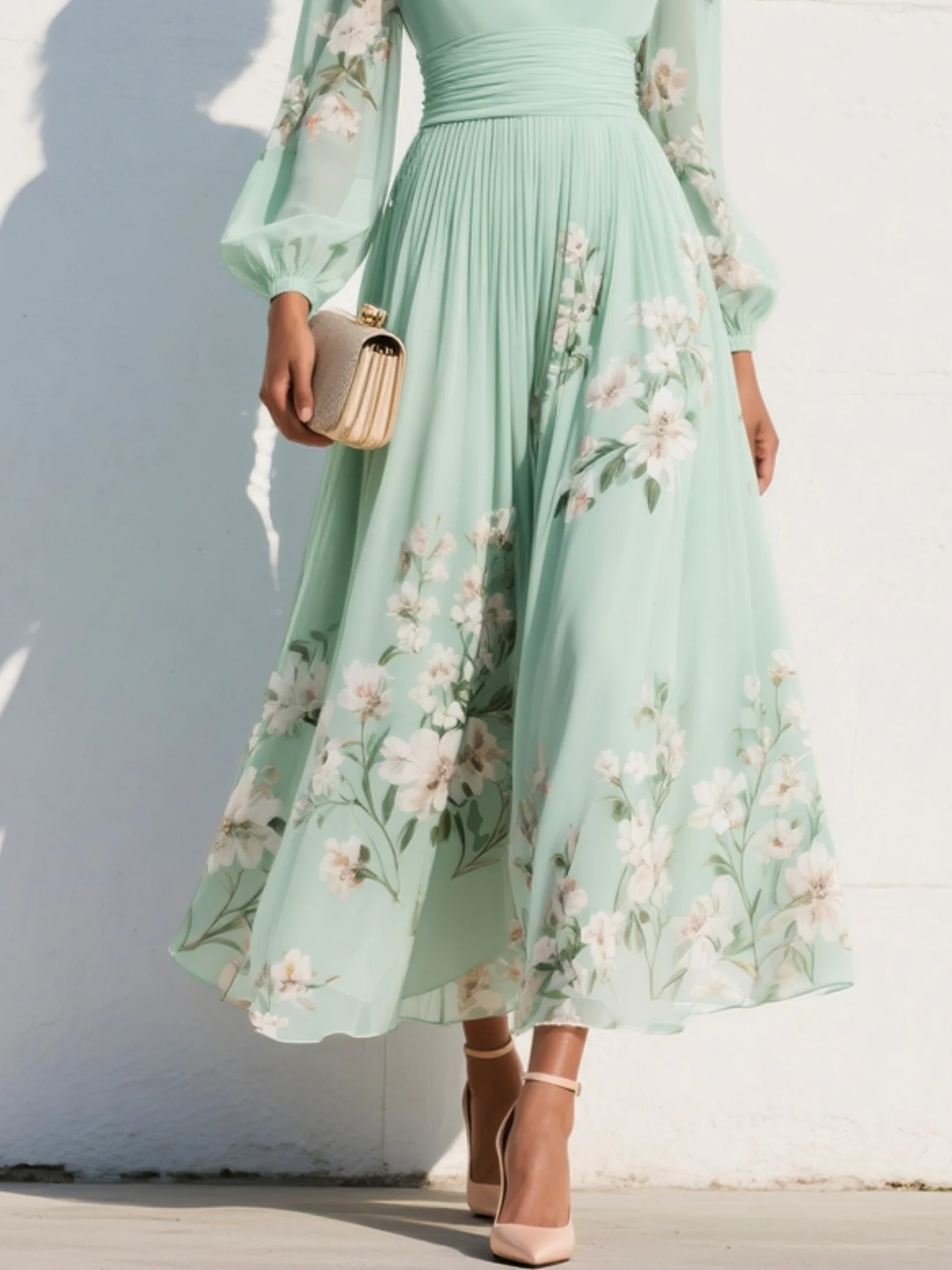 Manuela | Vestido Midi Plisado con Escote en V Verde