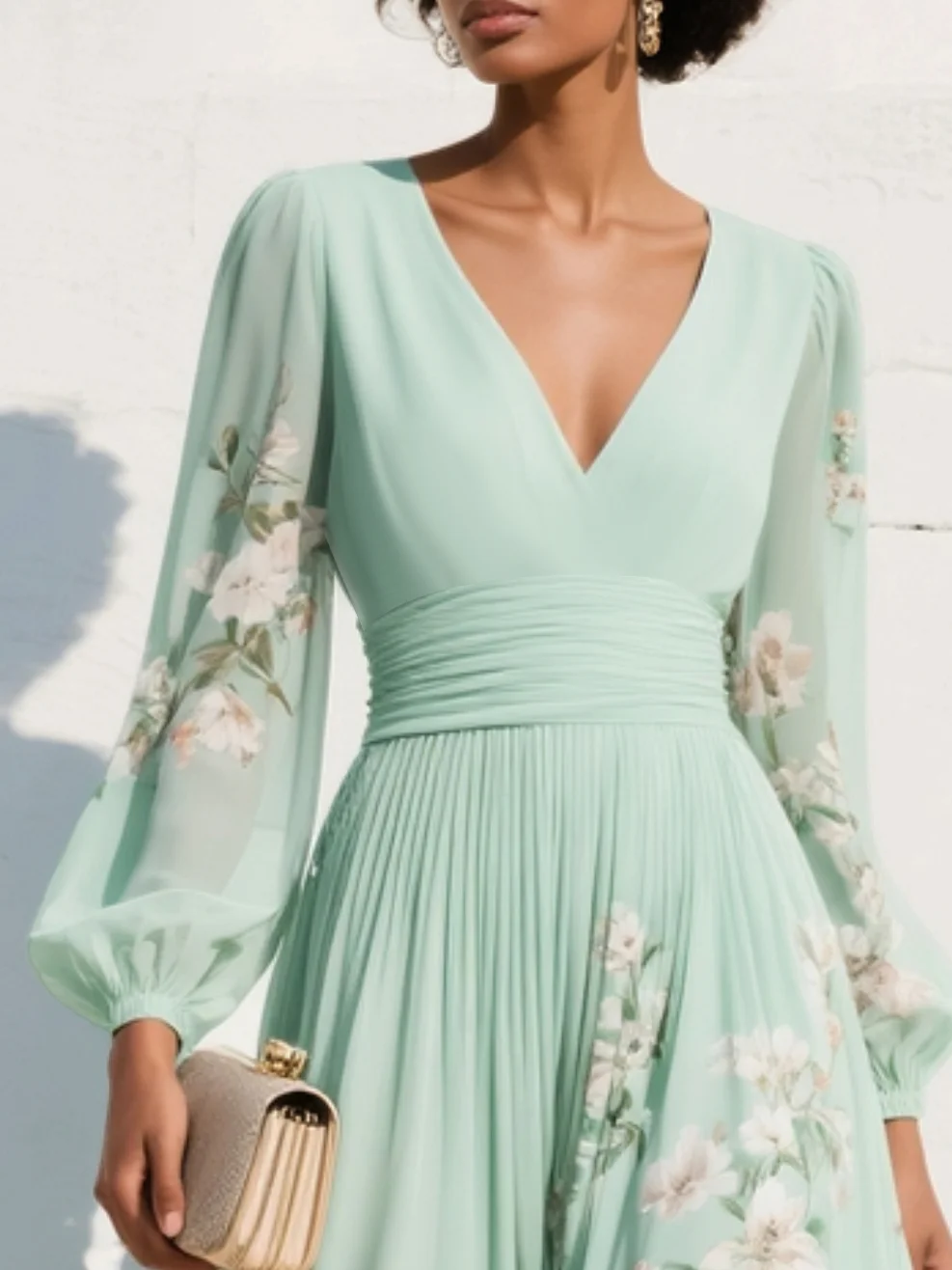 Manuela | Vestido Midi Plisado con Escote en V Verde