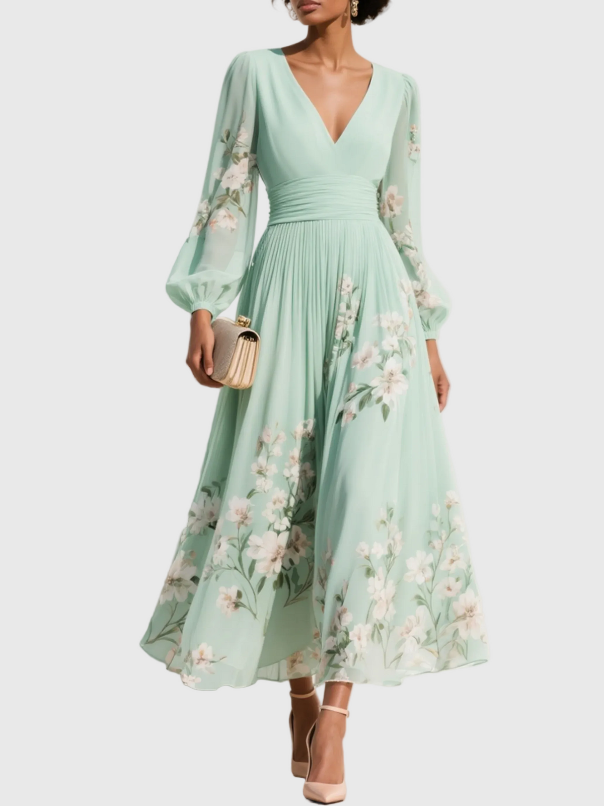 Manuela | Vestido Midi Plisado con Escote en V Verde