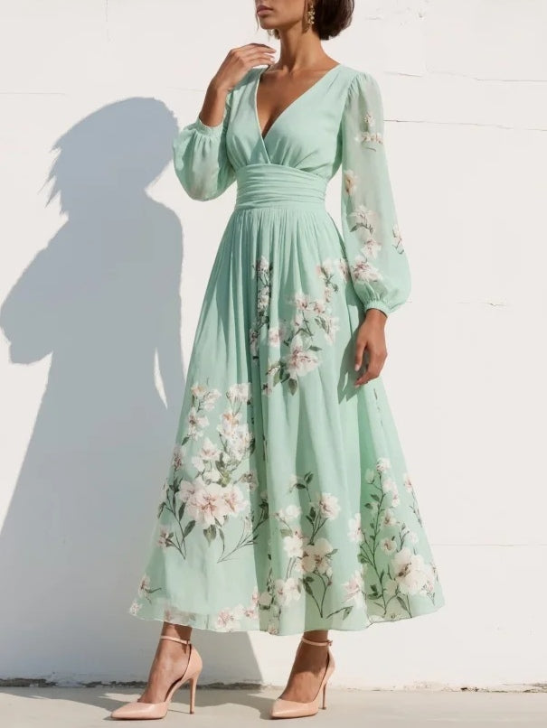 Manuela | Vestido Midi Plisado con Escote en V Verde