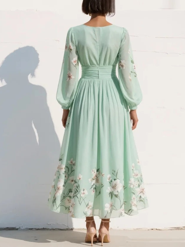 Manuela | Vestido Midi Plisado con Escote en V Verde
