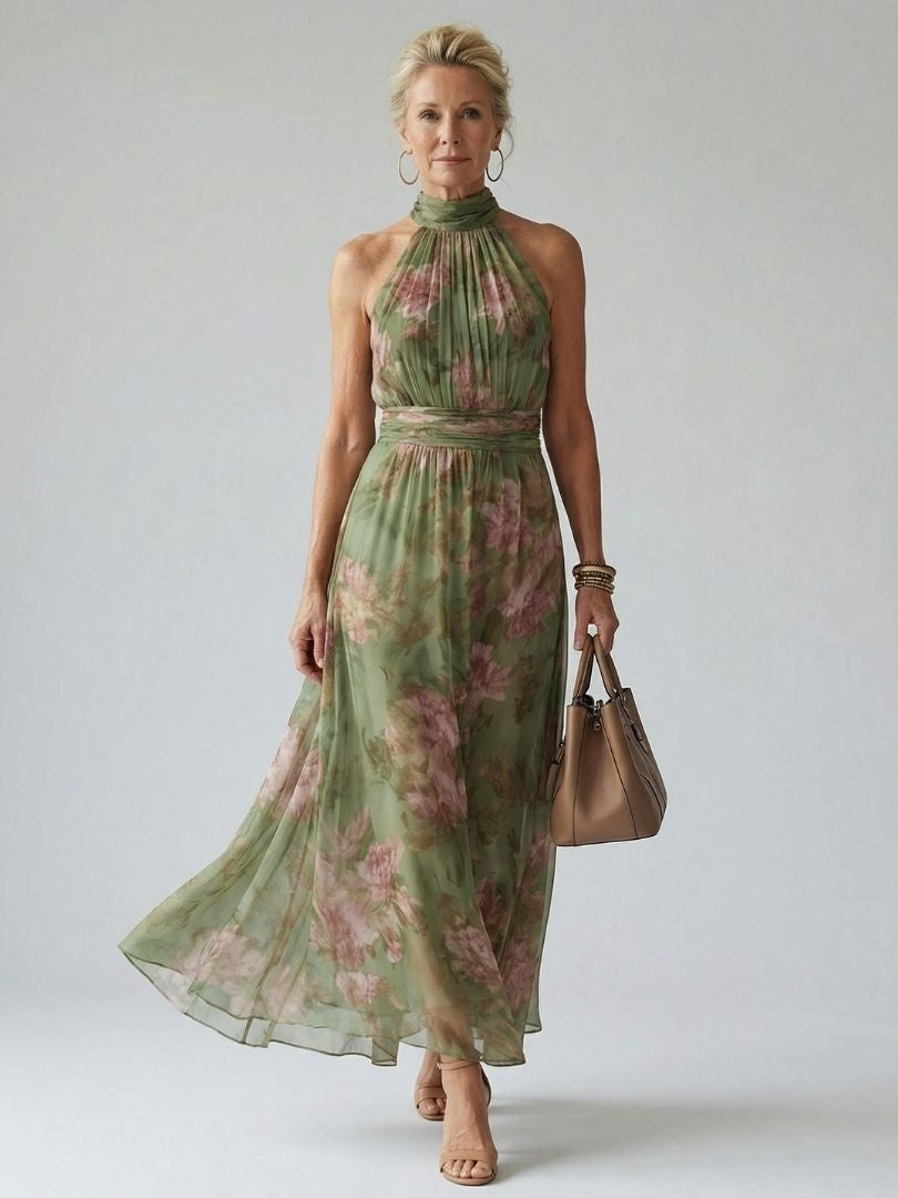 Gloria | Vestido Midi Halter Estampado Floral Mujer Fruncido Elegante