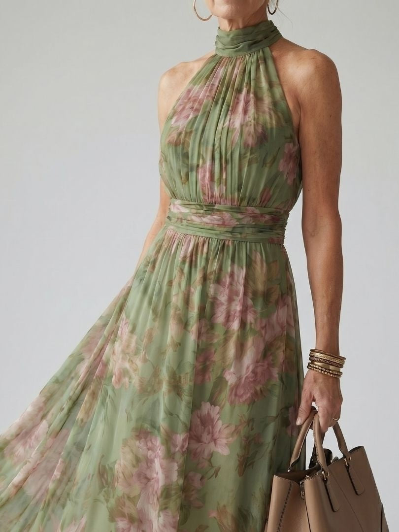 Gloria | Vestido Midi Halter Estampado Floral Mujer Fruncido Elegante