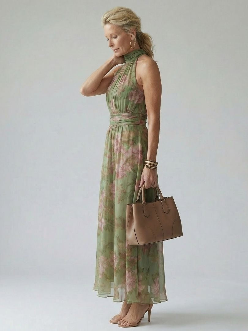 Gloria | Vestido Midi Halter Estampado Floral Mujer Fruncido Elegante