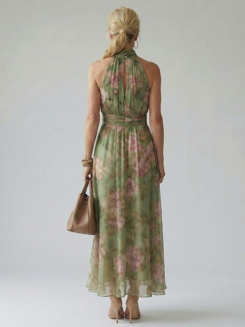 Gloria | Vestido Midi Halter Estampado Floral Mujer Fruncido Elegante