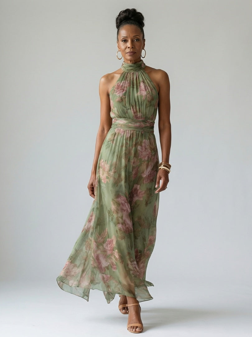 Gloria | Vestido Midi Halter Estampado Floral Mujer Fruncido Elegante