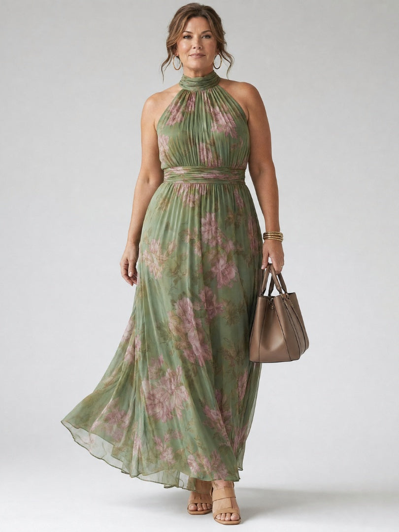 Gloria | Vestido Midi Halter Estampado Floral Mujer Fruncido Elegante