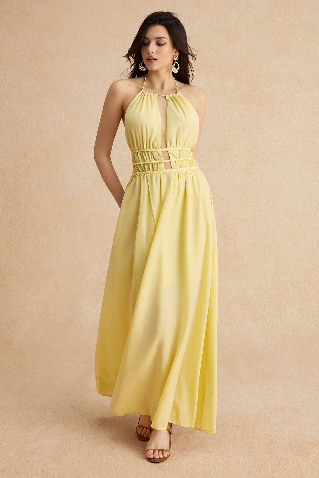 Beatriz | Vestido Largo Halter Calado Amarillo