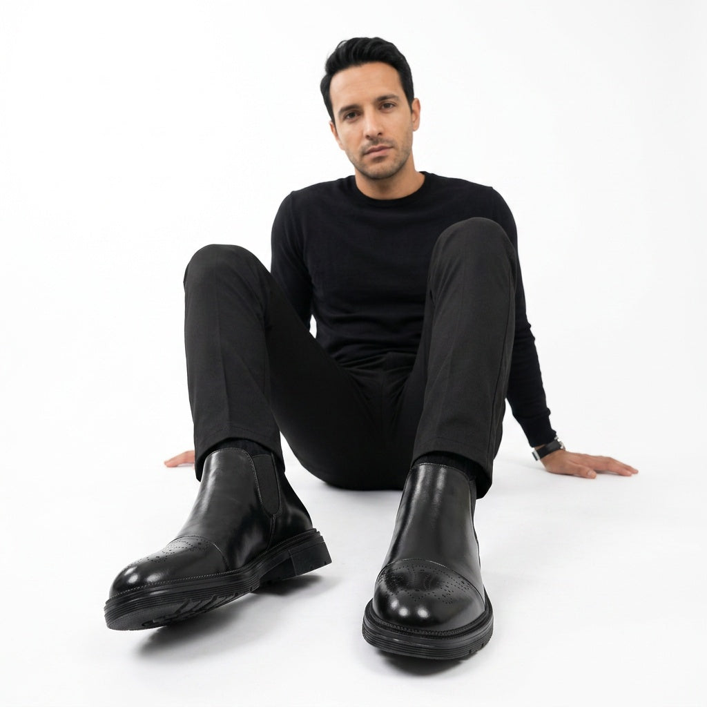 Ramón | Mocasines Negros de Cuero Brogue Hombre Slip-On Suela Gruesa