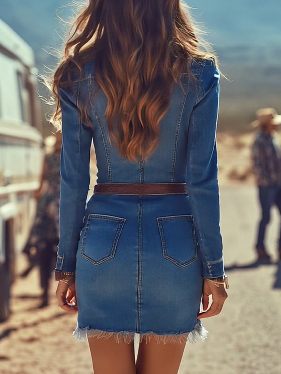 Gema | Vestido Corto Camisero Denim Mujer Manga Larga Cinturón
