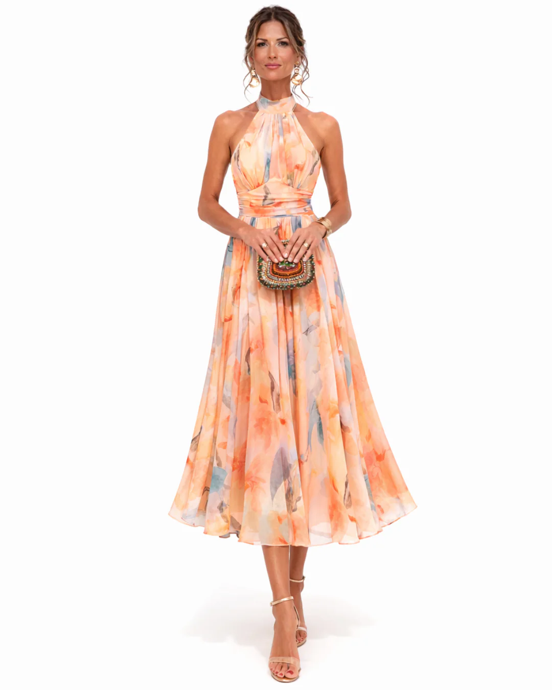 Catalina | Vestido Midi con Escote Halter y Estampado Acuarela