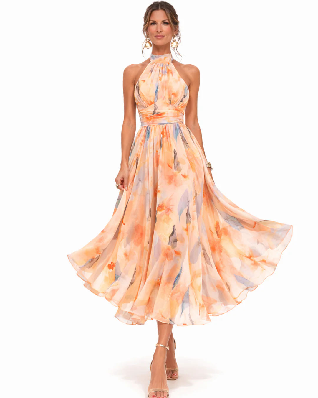 Catalina | Vestido Midi con Escote Halter y Estampado Acuarela