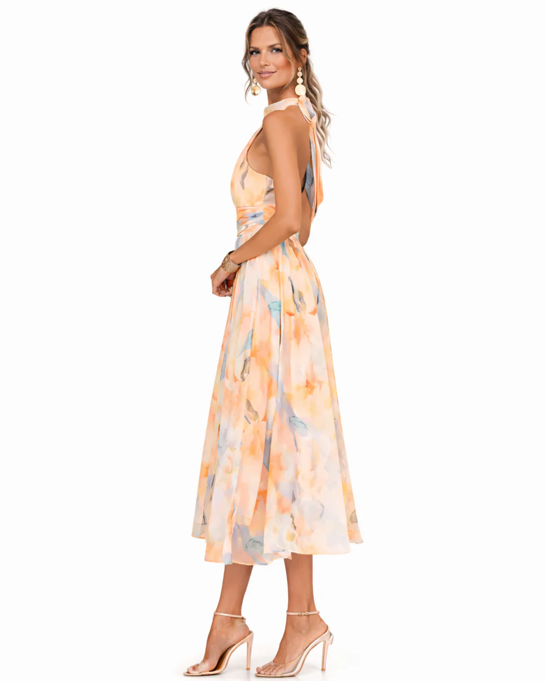 Catalina | Vestido Midi con Escote Halter y Estampado Acuarela