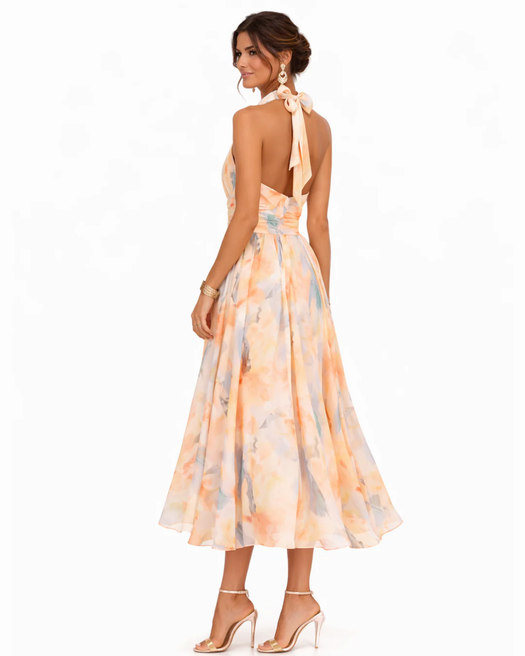 Catalina | Vestido Midi con Escote Halter y Estampado Acuarela