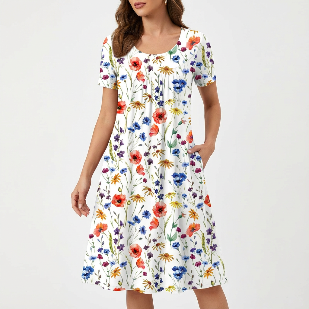 Lola | Vestido Midi Floral Mujer Manga Corta Bolsillos Corte A