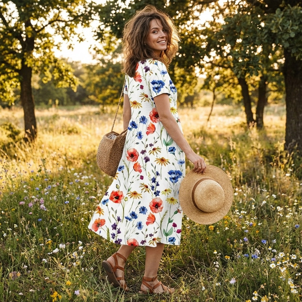 Lola | Vestido Midi Floral Mujer Manga Corta Bolsillos Corte A