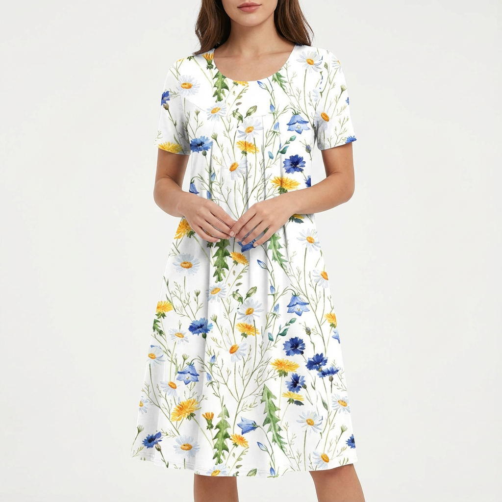 Lola | Vestido Midi Floral Mujer Manga Corta Bolsillos Corte A