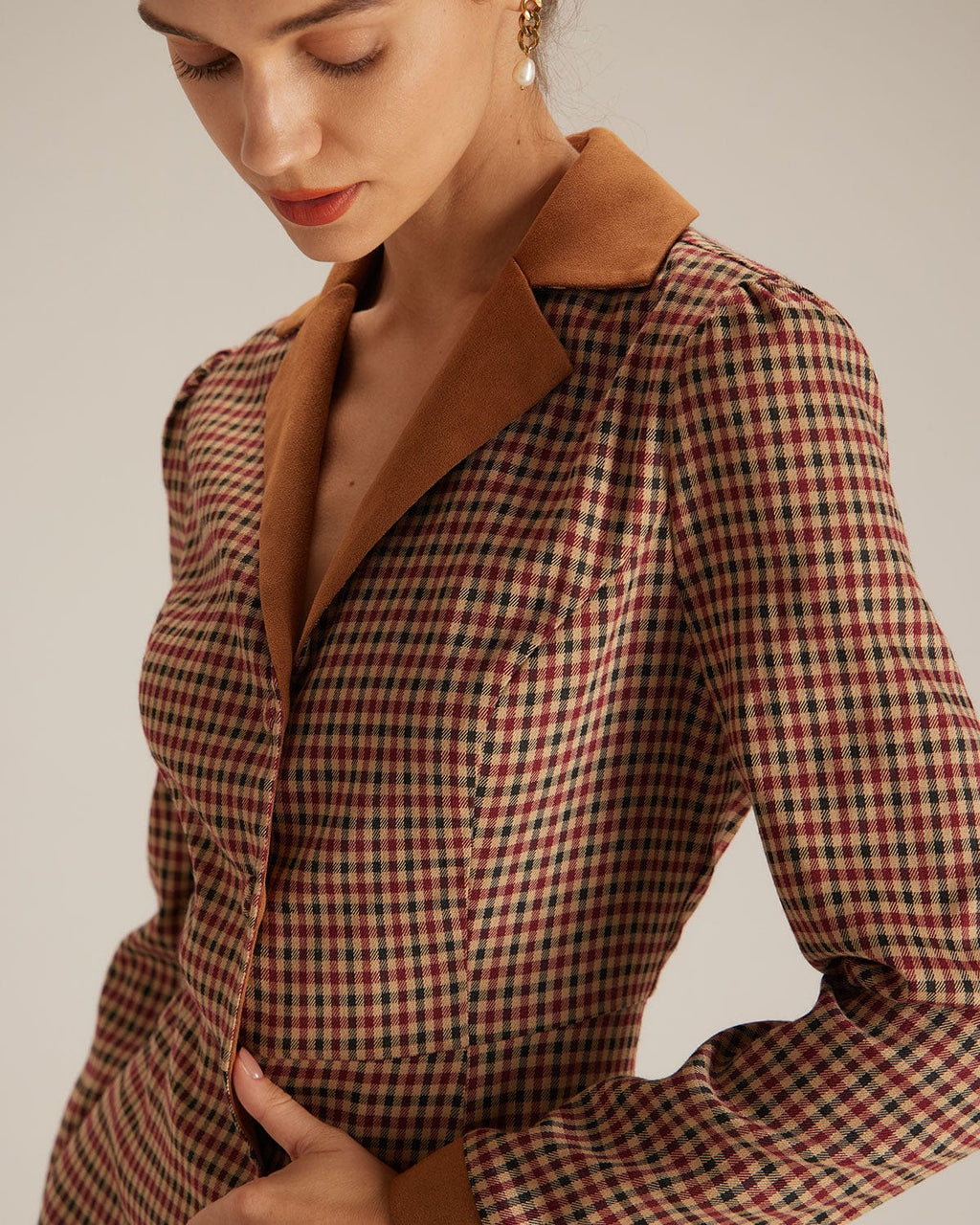 Sonia | Vestido Corto Marrón de Cuadros con Combinación de Ante