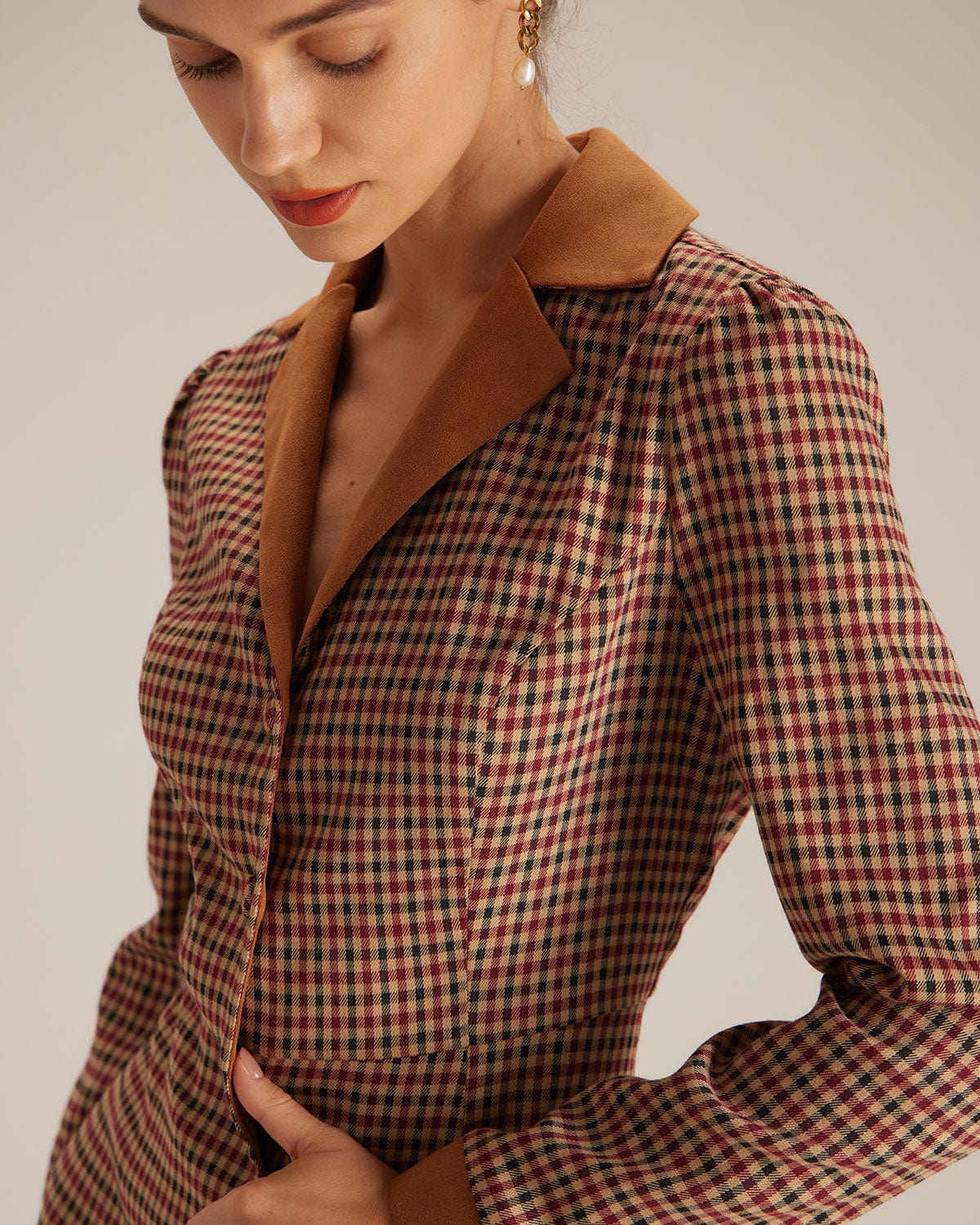 Sonia | Vestido Corto Marrón de Cuadros con Combinación de Ante