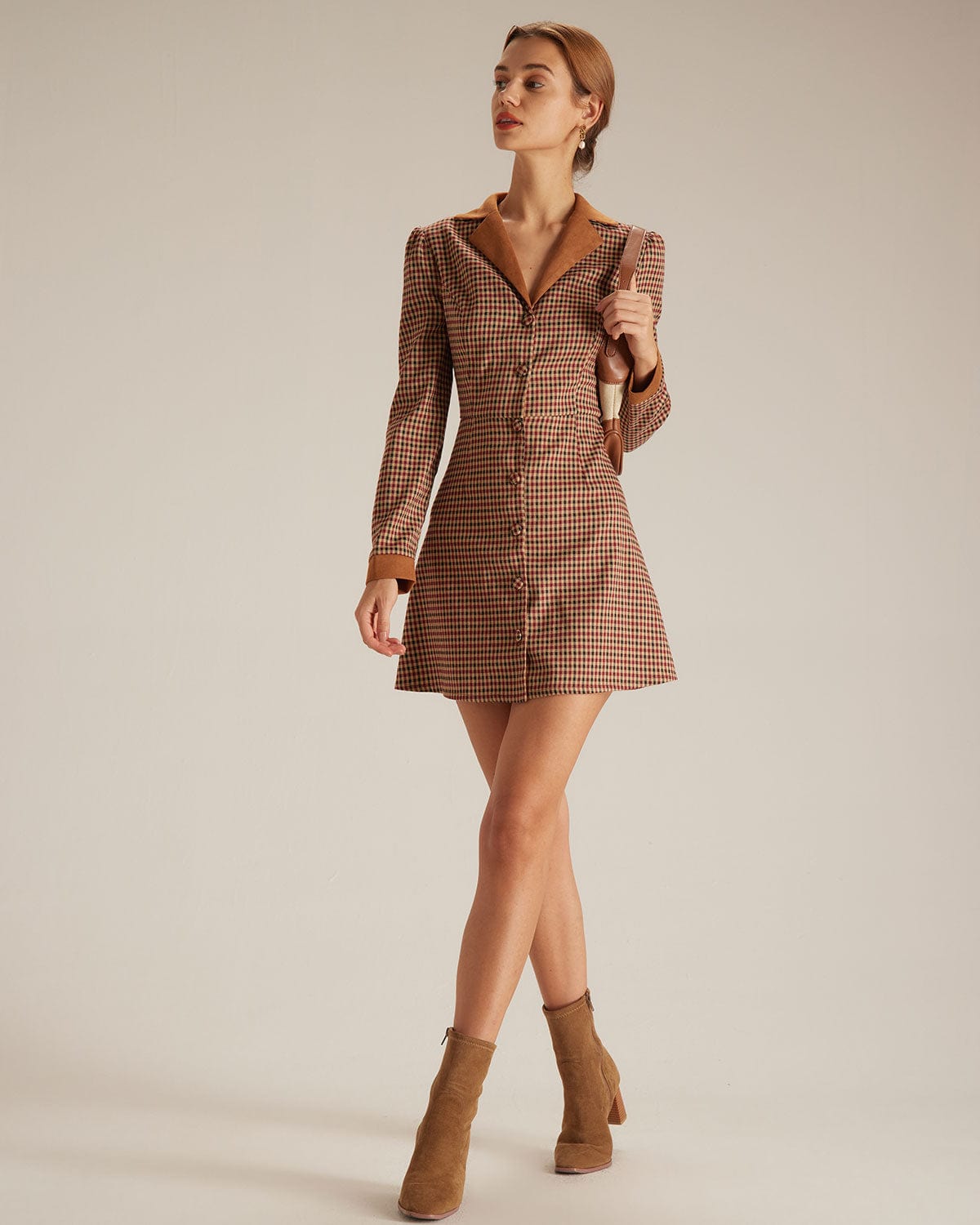 Sonia | Vestido Corto Marrón de Cuadros con Combinación de Ante