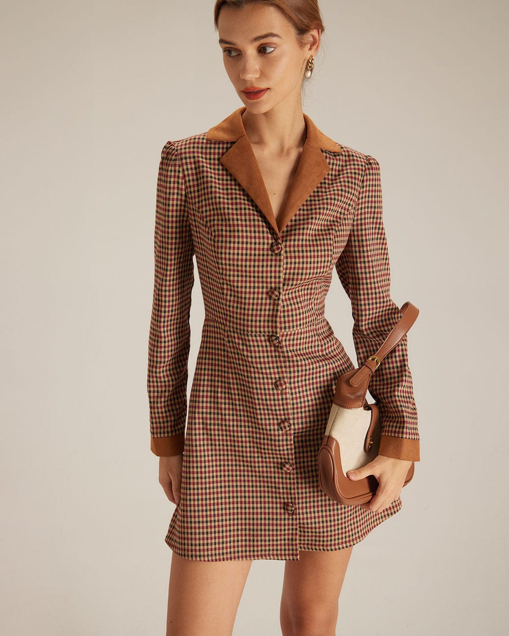 Sonia | Vestido Corto Marrón de Cuadros con Combinación de Ante