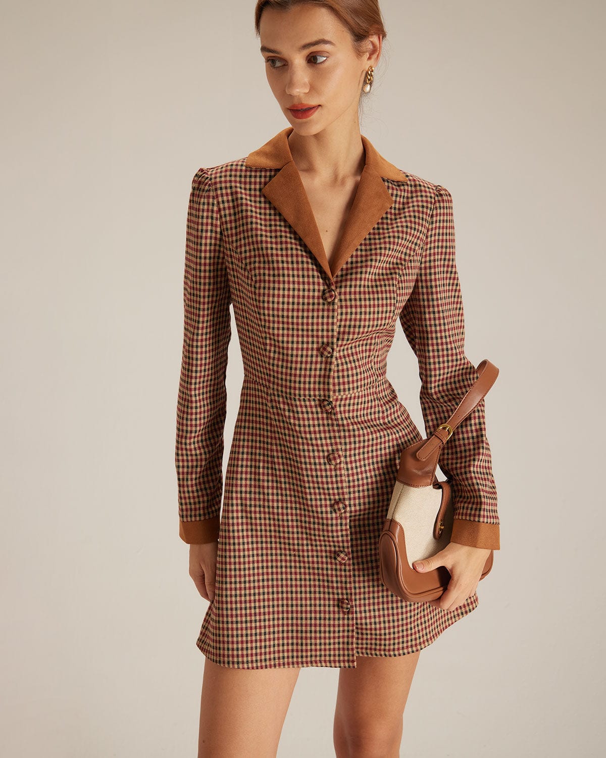Sonia | Vestido Corto Marrón de Cuadros con Combinación de Ante