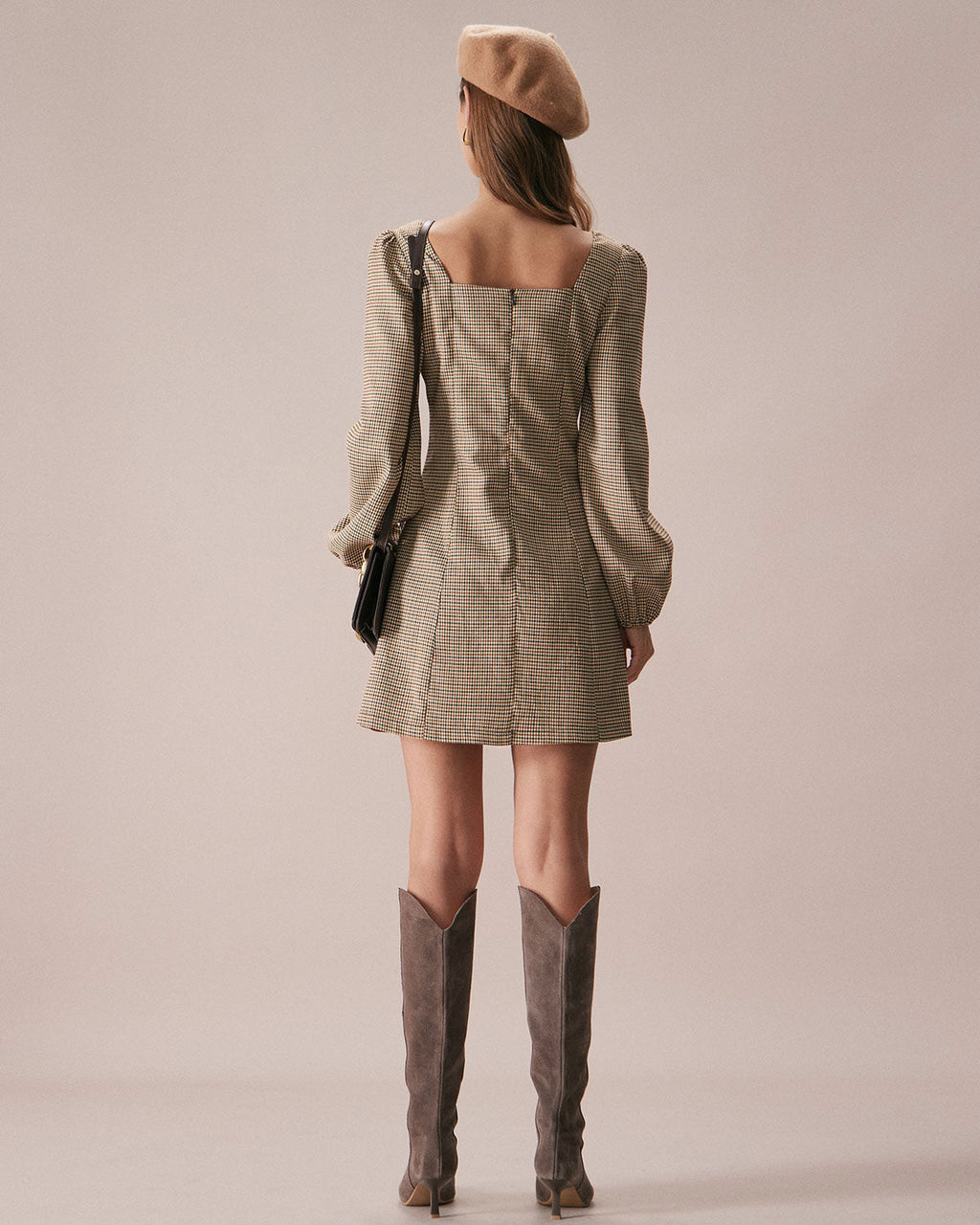 Leticia | Vestido Corto Caqui de Cuadros con Escote Cuadrado y Botones