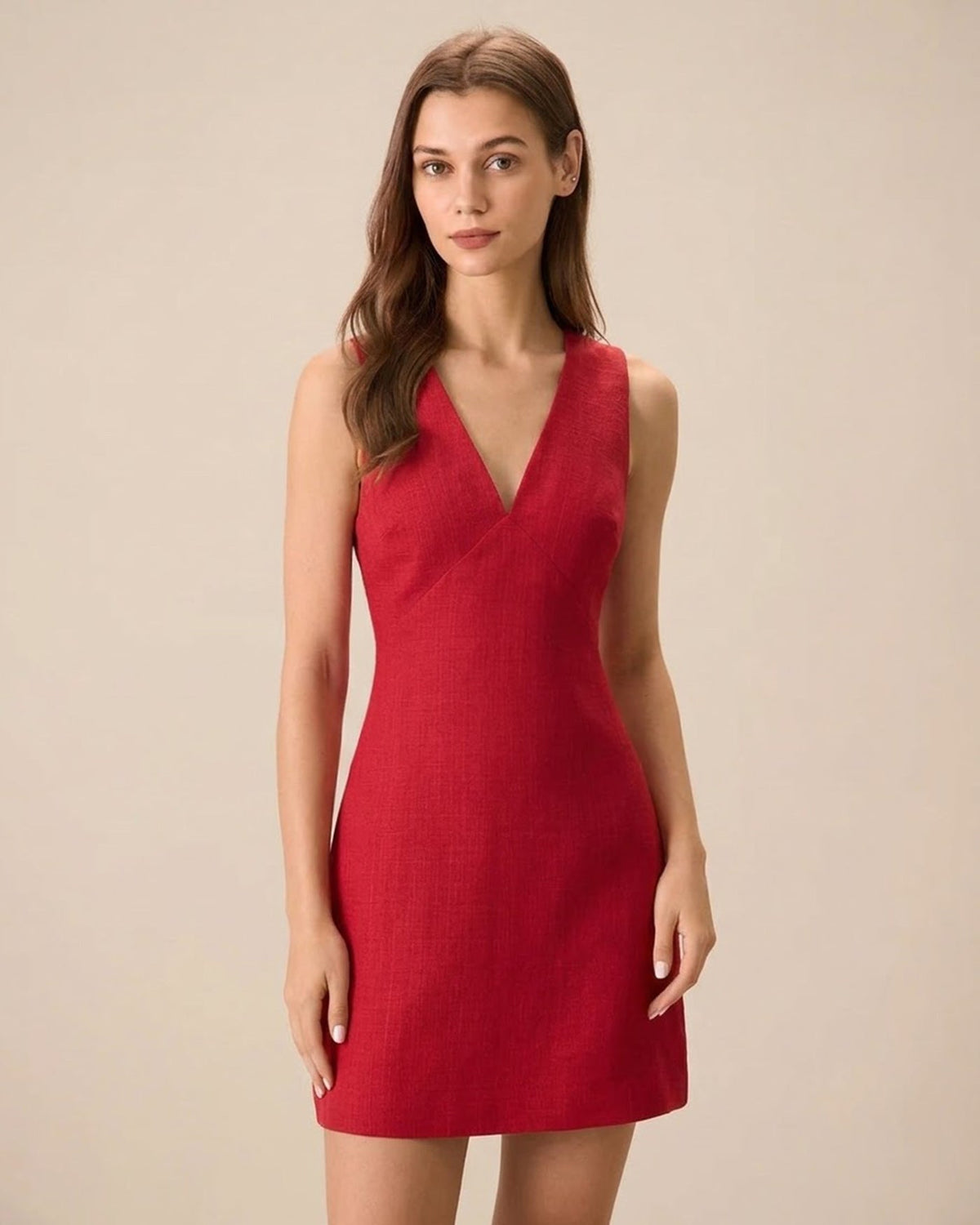 Yolanda | Vestido Corto Rojo de Lino Sin Mangas con Escote en V