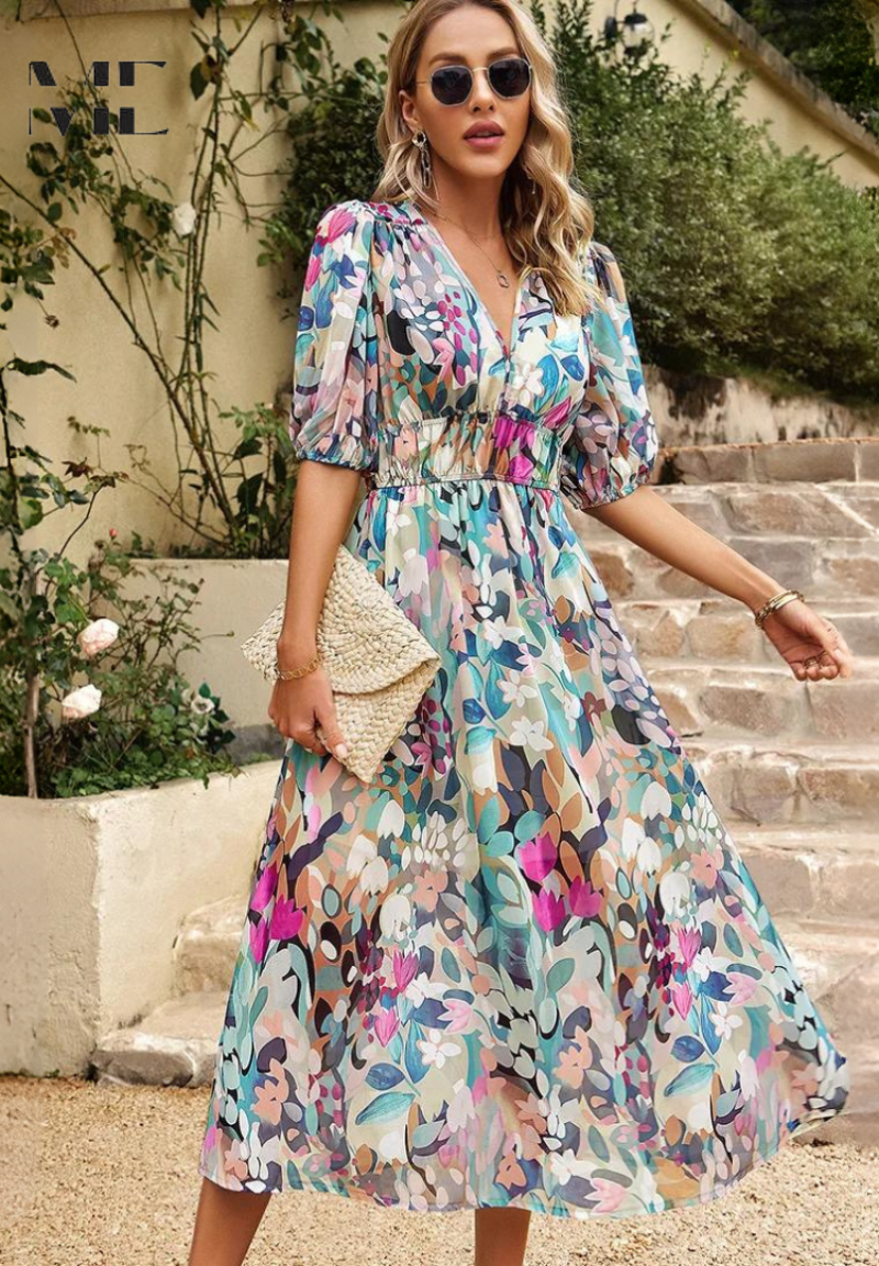 Susana | Vestido Midi de Invitada Estampado Floral Mujer Escote V