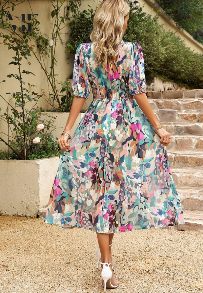 Susana | Vestido Midi de Invitada Estampado Floral Mujer Escote V