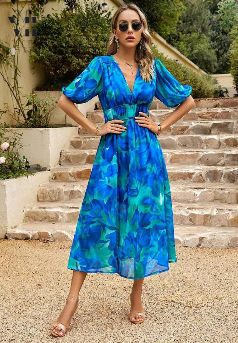 Susana | Vestido Midi de Invitada Estampado Floral Mujer Escote V