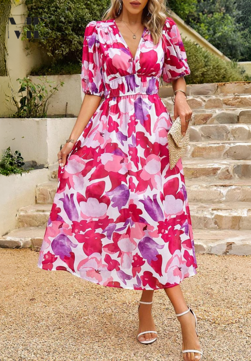 Susana | Vestido Midi de Invitada Estampado Floral Mujer Escote V