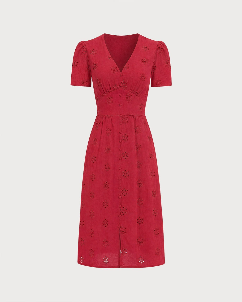 Irene | Vestido Midi de Algodón Rojo Mujer Escote V Bordado