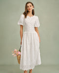 Blanca | Vestido Midi de Algodón Blanco Mujer Cuello Redondo Bordado