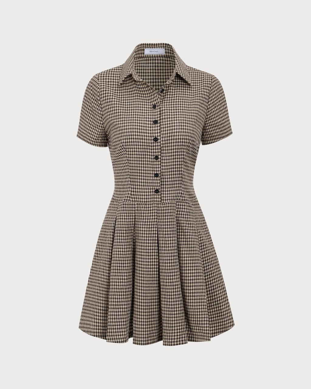 Encarna | Vestido Corto Marrón de Cuadros con Solapa y Falda Plisada