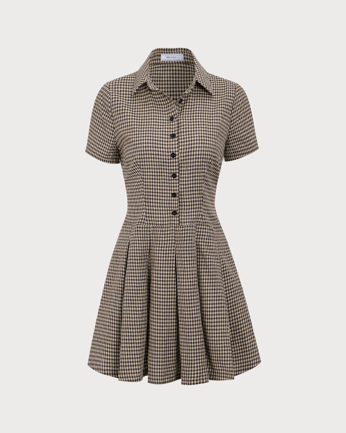 Encarna | Vestido Corto Marrón de Cuadros con Solapa y Falda Plisada