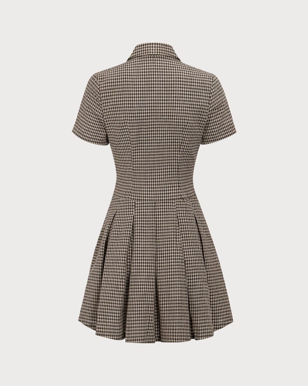 Encarna | Vestido Corto Marrón de Cuadros con Solapa y Falda Plisada