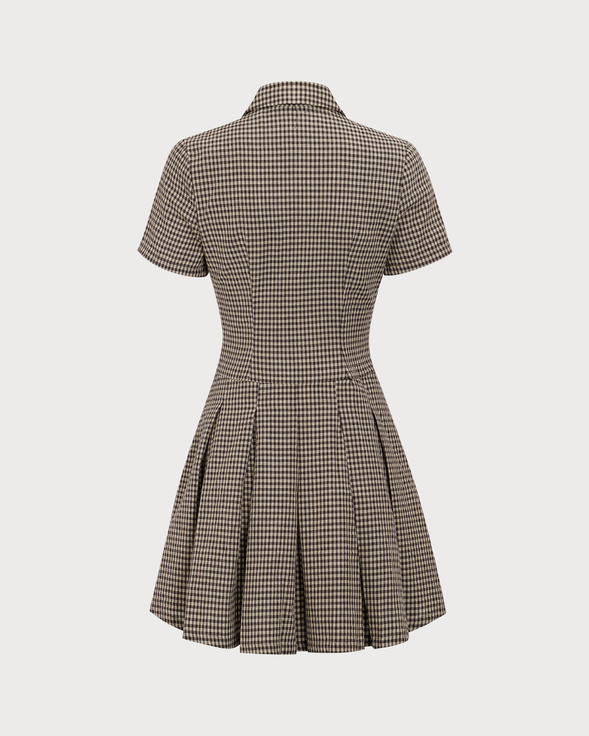 Encarna | Vestido Corto Marrón de Cuadros con Solapa y Falda Plisada